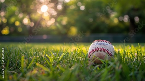 Closeup a baseball ball sport on green grass with blur background. AI generated image photo