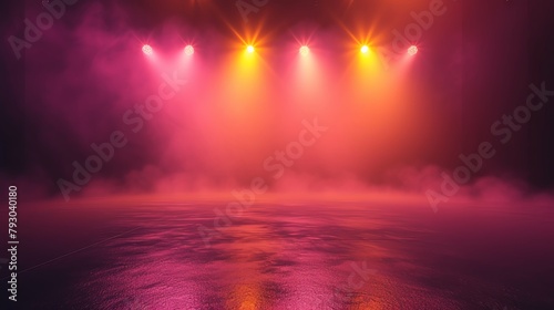 Pink and orange spotlights on a stage with fog