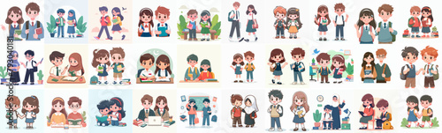 Vector set of student kid couple with flat design style
