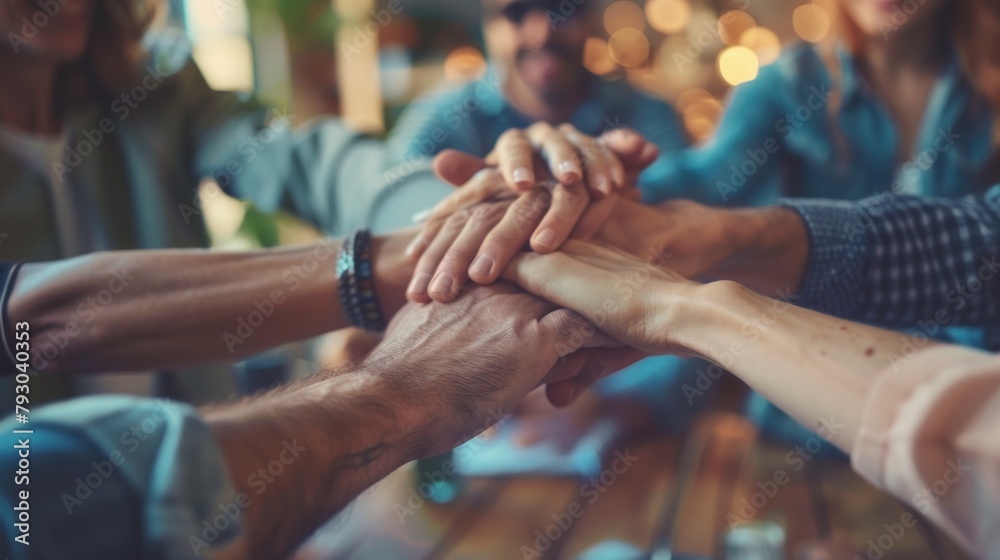 Closeup stack of hands business partners together at meeting to support each other. AI generated