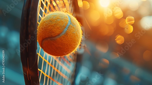 A close up of a tennis ball hitting a tennis racket with a beautiful blurry background.