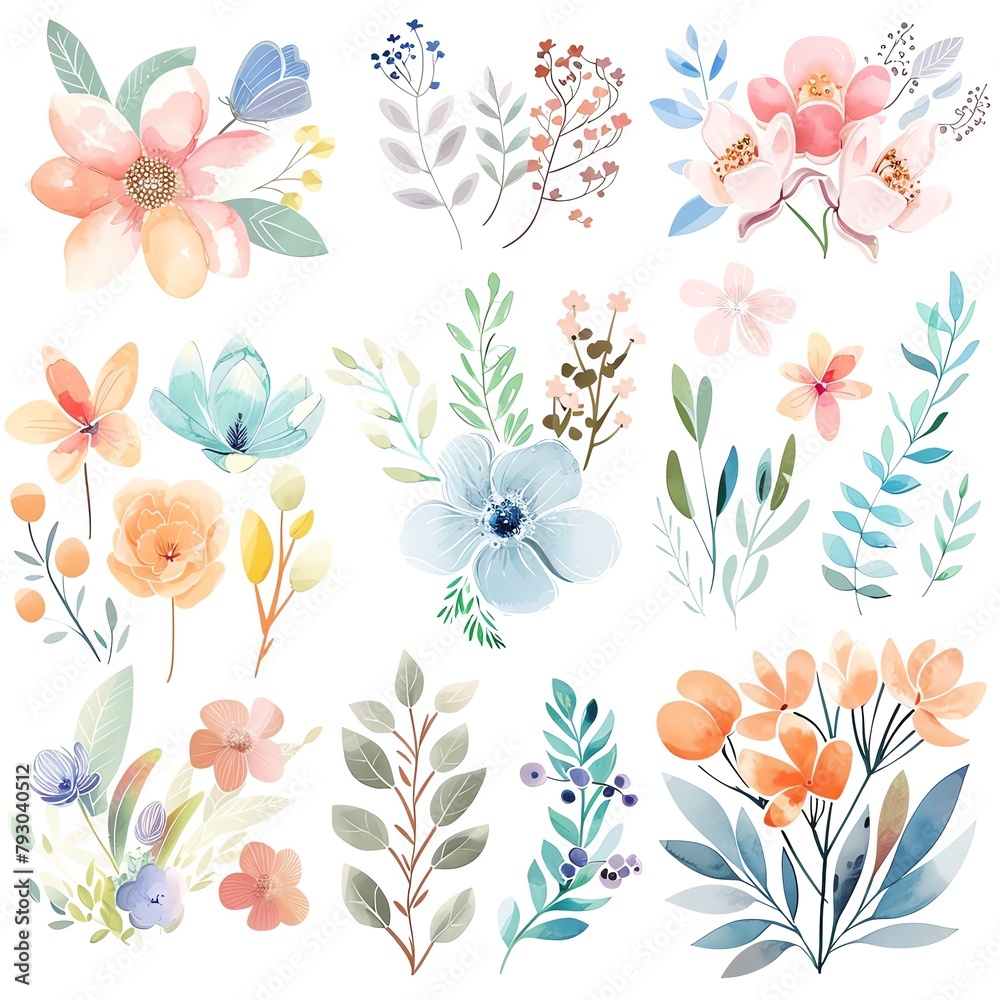 A set of watercolor flowers and leaves in pastel colors. A set of watercolor flowers and leaves in pastel colors.