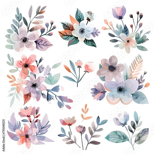 A set of watercolor floral bouquets with various flowers and leaves in soft pastel colors.