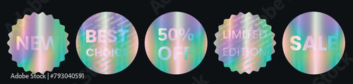 Set of color holographic sticker templates, label with holographic effect. Shiny rainbow emblems Limited Edition, New, 50% off, Best Choice, Sale. Vector illustration EPS10