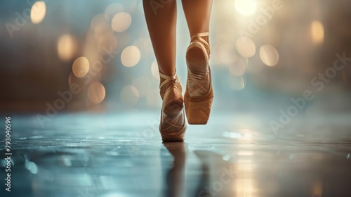Close up beautiful legs woman of ballet dancer in pointe on the floor blur background. AI generated photo