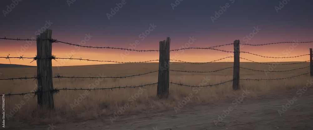 Perspective view of an old barbed wire fence. Generative AI, Generative, AI