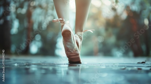 Close up beautiful legs woman of ballet dancer in pointe on the floor blur background. AI generated photo