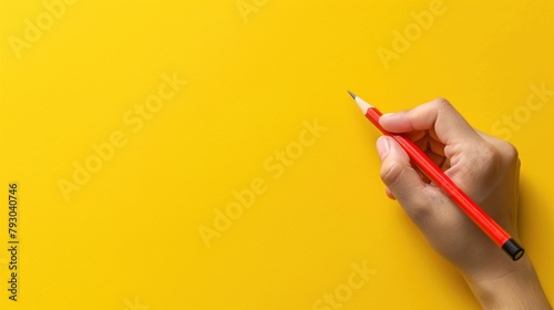 Closeup and holding wooden pencil isolated yellow background. AI generated image