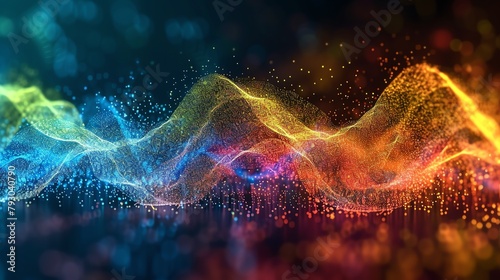 Colorful 3D rendering of a flowing wave made of tiny glowing particles on a dark background.
