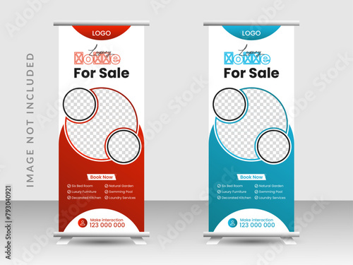 Real Estate business Roll up banner template design with three color variation. Standee Design, Brochure Flyer, Vector illustration, Annual Report, Magazine, Poster, Flag Banner Design