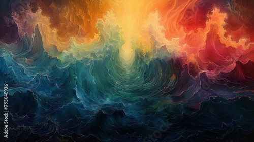 An abstract digital painting that evokes the essence of ocean waves under a fiery sunset, blending vibrant hues with fluid dynamics. photo