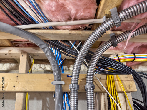 Basement utility room has network, electrical and solar system wiring and conduit