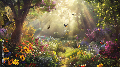 A whimsical garden bursts with color as radiant flowers blanket the ground beneath a lush tree adorned with oversized blossoms. Vibrant birds in flight and delicate butterflies  photo