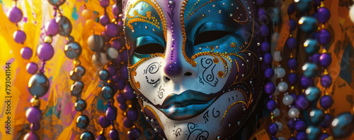 A Mardi Gras mask is a captivating blend of playful patterns and bold, contrasting colors that immediately seize attention. photo