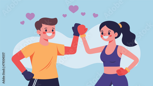 A smiling couple highfiving each other after completing an intense cardio kickboxing class their hearts pumping and endorphins flowing as they
