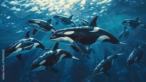 A pod of orcas swimming together underwater, illustrating marine life and familial bonds. © moumeni