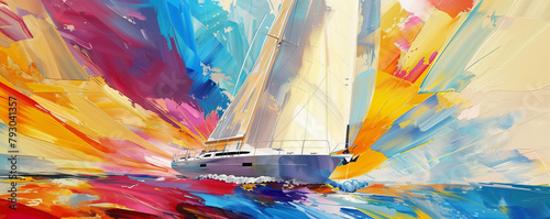 An elegant yacht amidst a vibrant regatta, with colorful sails creating a dynamic backdrop as the yachts race through the water.