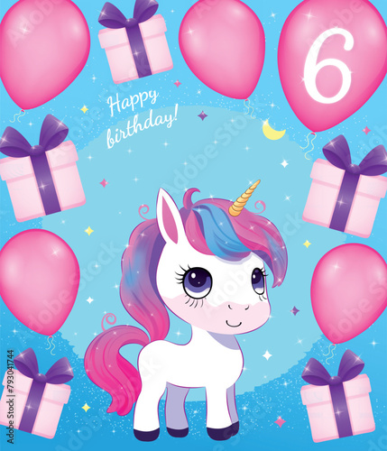 Vector Birthday holiday greeting card design for kids 6 year old with cute cartoon unicorn character, balloons, stars and gift boxes on a blue background. Cute Happy Birthday holiday festive card
