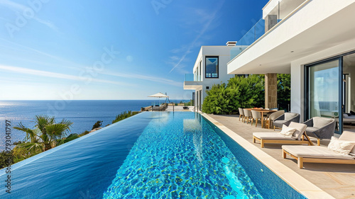 Luxury Beach House with Sea View Swimming Pool and Terrace in Modern Design, featuring a panoramic sea view from a stylish, elevated terrace
