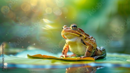 TOAD ON A LOTUS LEAF in a pond during the day