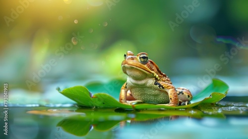 TOAD ON A LOTUS LEAF in a pond during the day
