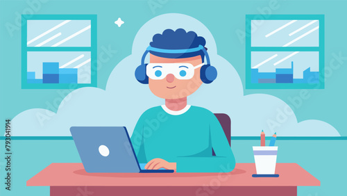 A student sits in a classroom using a brain sensing headband to help them stay focused and mindful while studying for their exams..