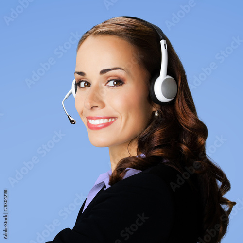Contact Call Center Service. Customer support, sales agent. Caller answer phone operator confident businesswoman in headset. Portrait of business woman, isolated blue background. Square