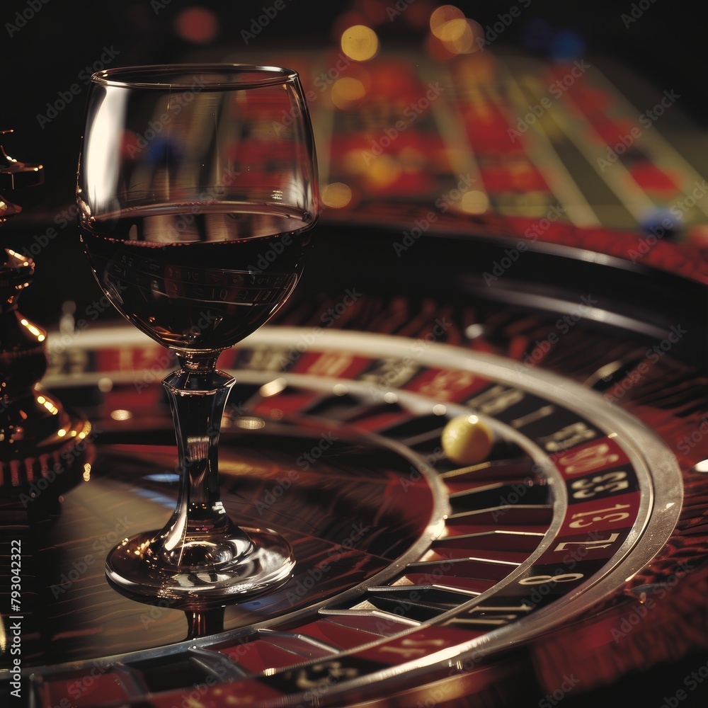 generate an image of casino roulette table , black glass of wine bets