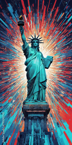 Statue of Liberty and skyline. Independence Day. July 4 Concept. Patriotism Concept. USA Flag