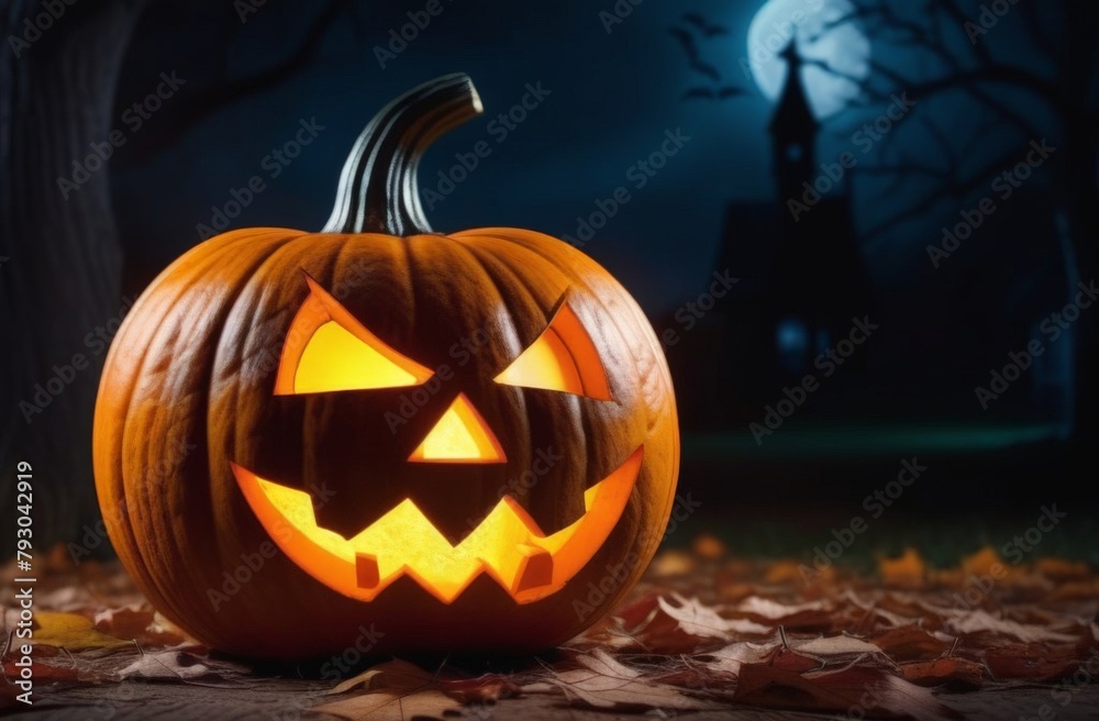Obraz premium Halloween Scene - Party Of Pumpkins And Zombies In Graveyard At Moonlight - Contain Moon 3D Rendering - Unrecognizable, Deformed And Church with Reassembled Parts