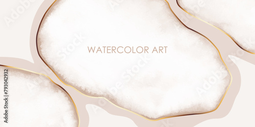 Soft watercolor abstract background in pale beige shades. Neutral natural design. Elegant card, cover, invitation, voucher design. Golden lines, ink, watercolor blots.