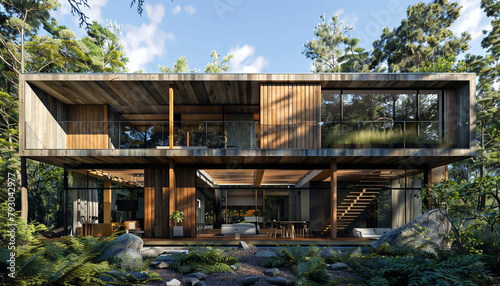 Modern forest home with natural wood facades and large windows, integrating seamlessly with the surrounding trees on a sunny day. © Sky arts