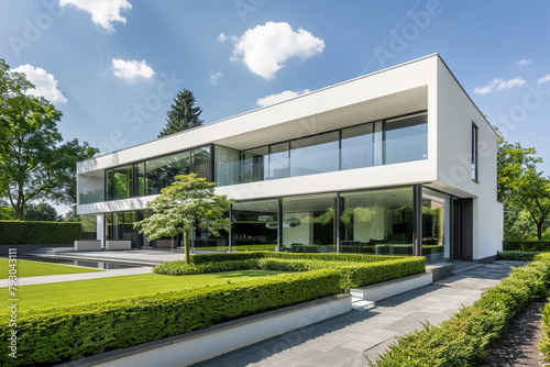Modern minimalist residential architecture, showcasing a sleek white facade with large glass windows, surrounded by well-manicured greenery on a sunny summer day.