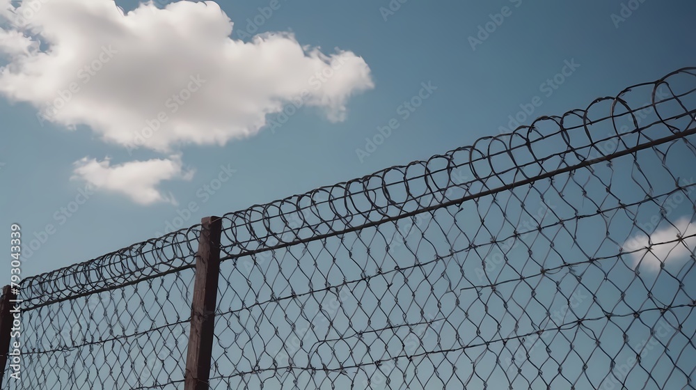 Wire fence against the blue sky. Generative AI, Generative, AI Wire fence against the blue sky. Generative AI, Generative, AI