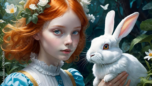 Alice with White Rabbit in the magical forest of Wonderland.Illustration, painting style.Generative AI.
