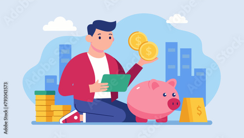 An illustration of a freelancer with a piggy bank showcasing the importance of saving for taxes and other unexpected expenses with irregular