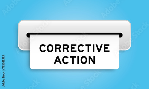 White coupon banner with word corrective action from machine on blue color background