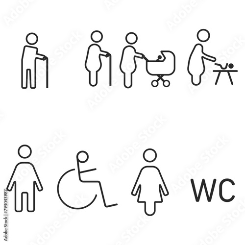 Toilet icon set. Men's, women's and disabled toilets. Old grandmother and grandfather