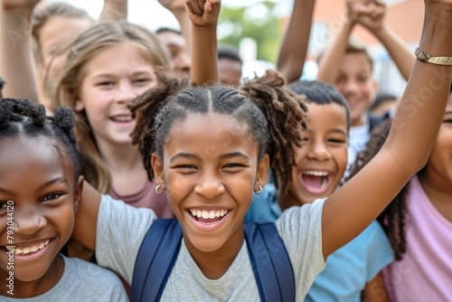 group of happy african american schoolchildren with backpacks at school © Inigo