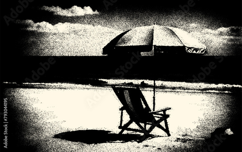 Beach landscape with deck chair and umbrella. Relaxing vacation card in retro, dotwork style