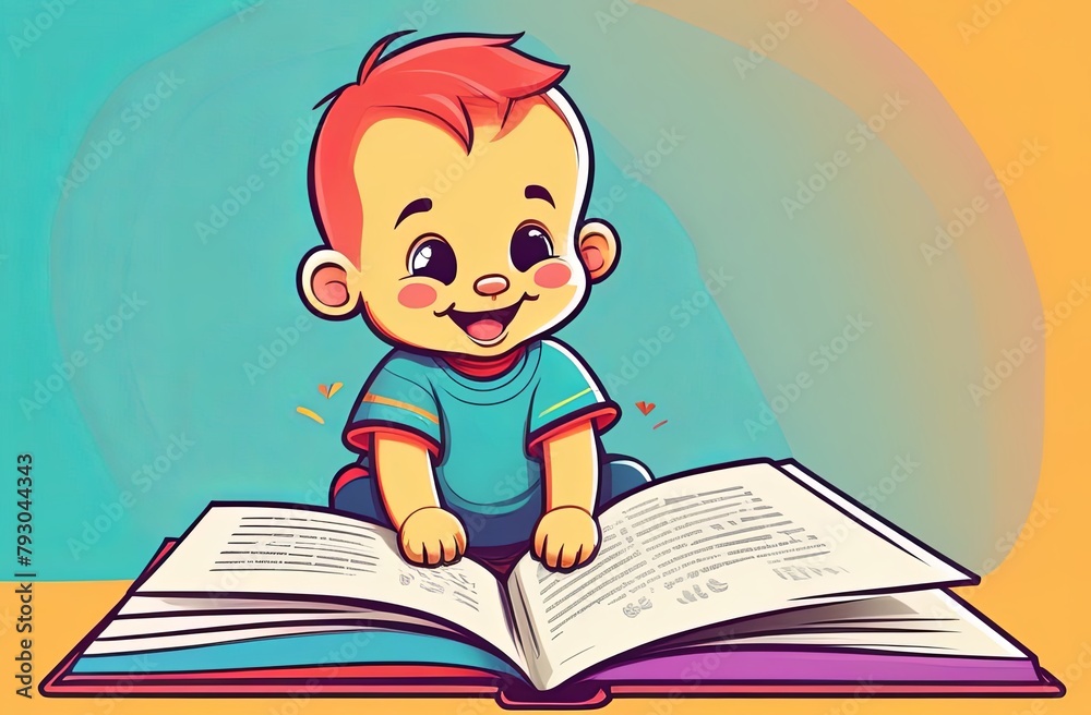 Little cute boy sitting and looking at a big book