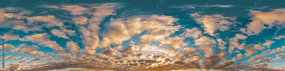 Sunset sky with bright glowing pink Cumulus clouds. Seamless spherical HDR 360 panorama. Full zenith or sky dome in 3D, sky replacement for aerial drone panoramas. Climate and weather change.