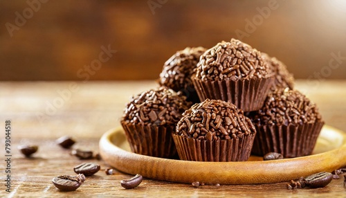 Brigadeiros sobre mesa de madeira. Doce brigadeiro, Doce brasileiro, sobremesa, chocolate, granulado, Comida brasileira. photo