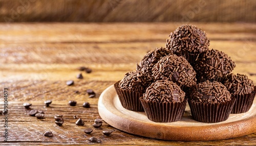 Brigadeiros sobre mesa de madeira. Doce brigadeiro, Doce brasileiro, sobremesa, chocolate, granulado, Comida brasileira. photo