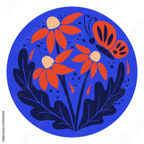 Abstract Floral composition with butterfly in round shape. Flat hand drawn botanical illustration in printmaking technique with grunge texture and scratches. Vector printout for home decor