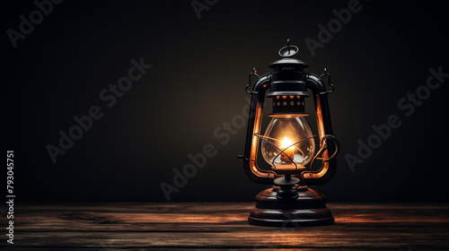 vintage oil lamp turned on with simple background, moody lighting, dark room сreated with Generative Ai photo
