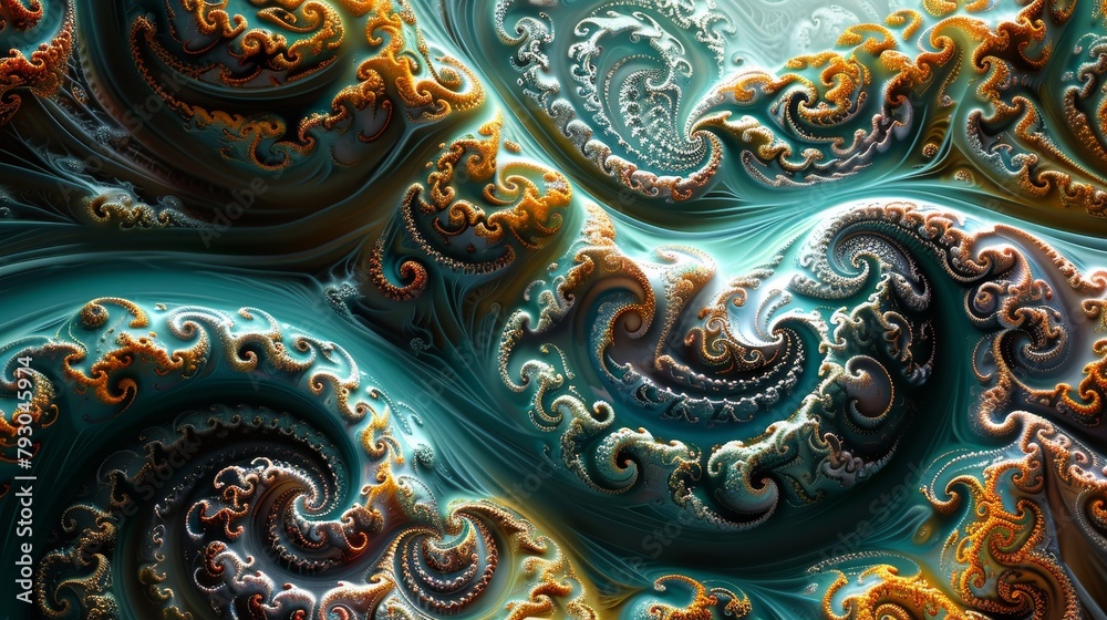 An abstract fractal image exhibiting a harmonious blend of golden and turquoise swirls with intricate detailing. An abstract fractal image exhibiting a harmonious blend of golden and turquoise swirls with intricate detailing.