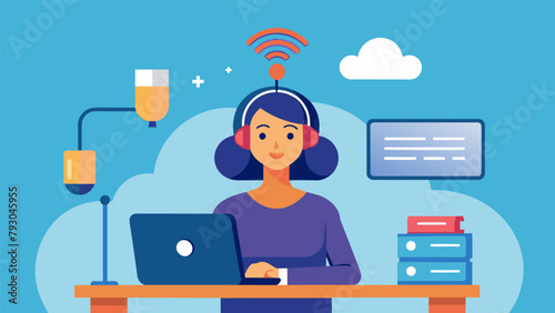 A woman sits at a desk with a small wireless device attached to her head her computer screen in front of her while she effortlessly receives realtime.