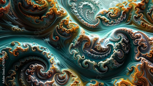 An abstract fractal image exhibiting a harmonious blend of golden and turquoise swirls with intricate detailing.