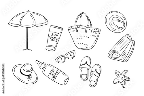 Black doodle set of summer beach items isolated on white background. Vector hand drawn contour sketchy drawings of thing related to summer vacation